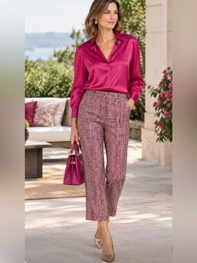 BCBG Max Azria Metallic Gold Pink Silk Tweed Cropped Capri Pants Size 2